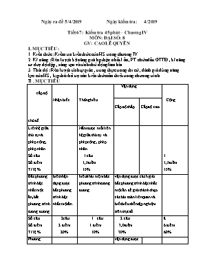 Giáo án Đại số Lớp 8 - Tiết 67 Kiểm tra 45 phút - Chương IV - Năm học 2018-2019